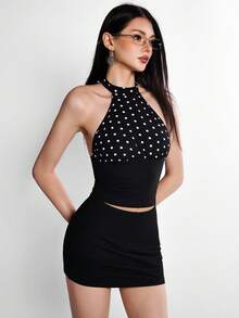 Rina Fox Women's Summer Fashion Sexy Polka Dot Print Patchwork Backless Halter Top & Mini Skirt 2-Piece Set - Multicolor - View 3