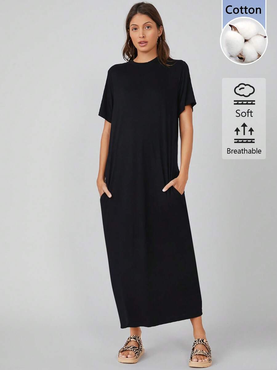 SHEIN BASICS 女款純色休閒基礎款派對日常居家度假旅行日間長洋裝，黑色，夏季