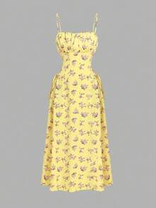 Skyraze Women Bowknot Strap Floral Print Long Dress For Summer,Graduation Dress,Modest Cottage Dresses Picnic Vacation Purple And Yellow.Halloween. School. - Pale Yellow - View 6