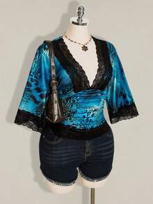 SHEIN ICON 大尺碼 Y2K 復古性感豹紋 V 領蕾絲拼接喇叭袖上衣 - 藍色 - 查看 5