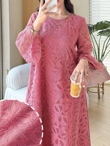Al Najma Đầm dáng chữ A suông tay lỡ 3/4 cổ tròn thêu 3D dày dặn cho xuân/hè - Hồng - Xem 2