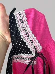 Sunspun Blusa elegante de talla grande con patchwork de gasa, estampado de lunares y decoración de lazo - Rosa Fucsia - Ver 4