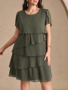 Chikora Vestido holgado de manga corta con pétalos y cuello redondo con lunares para mujer talla grande - Verde - Ver 4