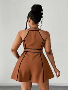 Maweii Plus Size Women's Piped Waist Tie Casual Sleeveless Romper - Brown - View 6
