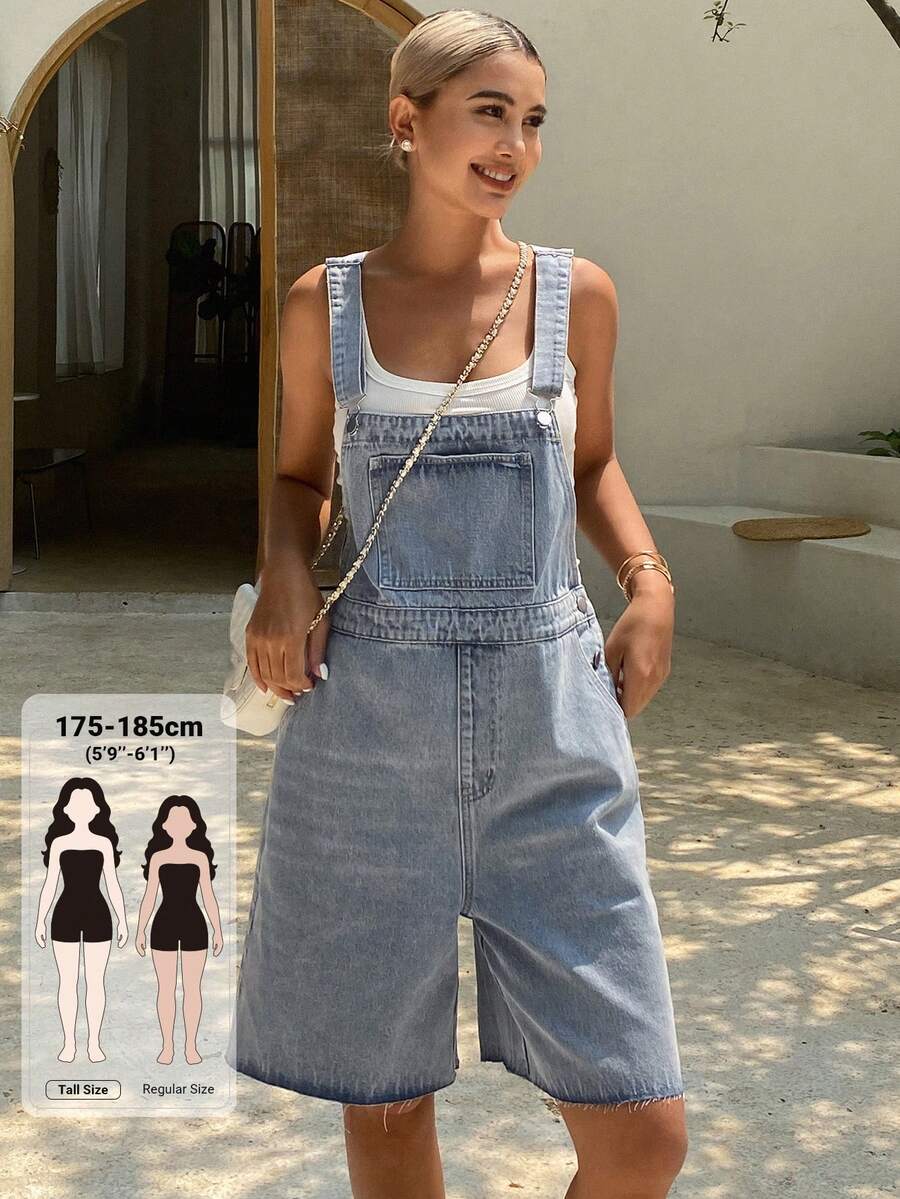 Livesso Tall 女款休閒牛仔吊帶短褲,適合高個女性夏季穿著 - 淺色水洗藍 - 查看 1