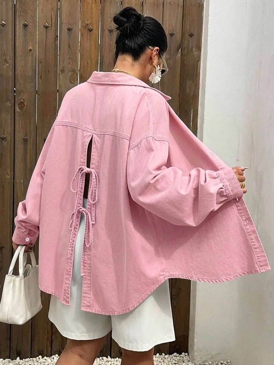 Dazy Plus 淺洗藍色後開衩綁帶設計趣味通勤寬鬆牛仔襯衫女上衣 春夏校園風 - 粉色 - 查看 1