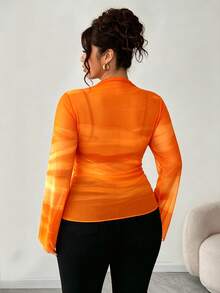Elenzga Plus Size Women's Vintage Elegant Fitted Ruched Semi-Sheer Gradient Print Mesh Elastic Long Sleeve Base Layer T-Shirt Blouse, Spring/Autumn Outerwear - Orange - View 2