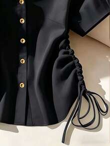 Franclia Camisa casual de verano para mujer de unicolor con cordón lateral - Negro - Ver 5