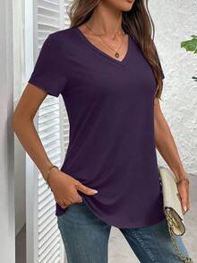 EMERY ROSE Plus Size Solid Half Sleeve Casual V Neck T-Shirt For Summer - Purple - View 4