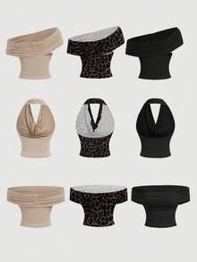 SHEIN MOD 3PCS Women's 3pk Sleeveless Tops-Beach/Vacation/Travel; Off/One-Shoulder; Apricot/Leopard/Black; School - Multicolor - View 2