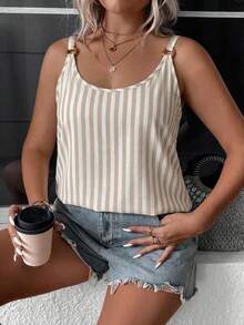 Comfylo Plus Size Apricot Striped Pattern Camisole, Suitable For Vacation And Casual Wear - Multicolor - View 5