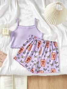 SHEIN 少女款吊帶居家服，可愛水豚睡衣套裝 2 件組，舒適柔軟面料，慵懶俏皮居家風 - 紫色 - 查看 3