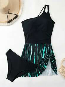 Swim Lushoire 2025新款女款單肩軟面料拼色顯瘦兩件式泳衣 - 黑色 - 查看 4