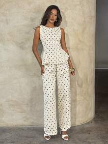 Aloruh Minimalist Elegant Commuter Boat Neck Sleeveless A-Line Waist-Cinching Women's Blouse + Polka Dot Extra Long Wide Leg Pants 2 Pieces Set Day Party - Black and White - View 5