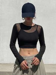 DAZY Women's Sheer Mesh Patchwork Cropped Jacket - Black - View 5