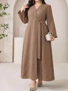Veilorie Plus Size Women's Solid Color Long Sleeve Waist Metal Design Abaya - Coffee Brown - View 6