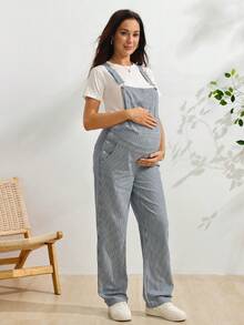 SHEIN 孕婦條紋口袋休閒百搭日常穿著牛仔吊褲 - 淺色水洗藍 - 查看 3