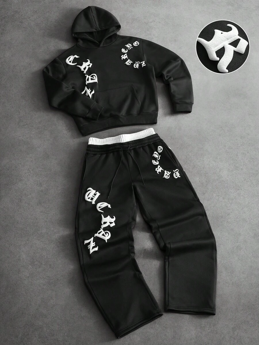 PAVTROS Men's Letter Print Hoodie & Sweatpants Set - Black - View 1