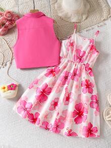SHEIN 2Pcs Tween Girls Vacation Back To School Spring Summer Multicolor Large Dress & Lapel Slvless - Multicolor - View 2