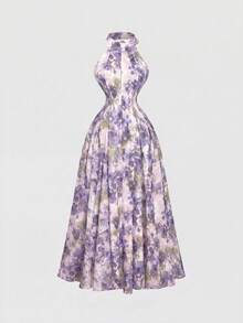 SHEIN MOD 女款夏季優雅花卉印花掛脖洋裝 - 紫色 - 查看 4