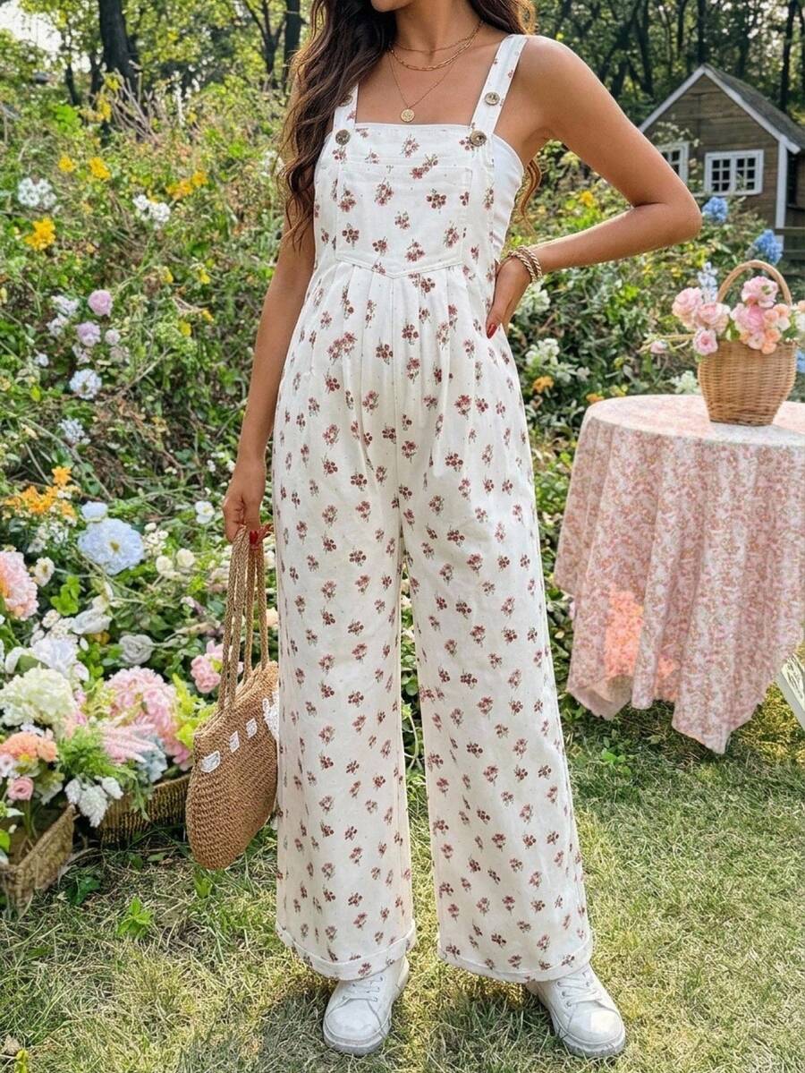 SHEIN 孕婦小碎花牛仔吊帶褲 - 白色 - 查看 1