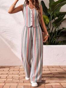 SHEIN Frenchy 女款休閒度假條紋褲 2 件套，條紋套裝，女士夏季穿著，2025 新款復古，女款休閒服飾，適合日常街頭穿著，夏季服飾，適合日常通勤、約會、聚會、秋冬/夏季、派對、婚禮、海灘、畢業典禮、時尚、優雅、休閒、外出、約會、預約、通勤、優雅、度假、休閒、Y2K、外出、畢業典禮等 - 彩色 - 查看 1