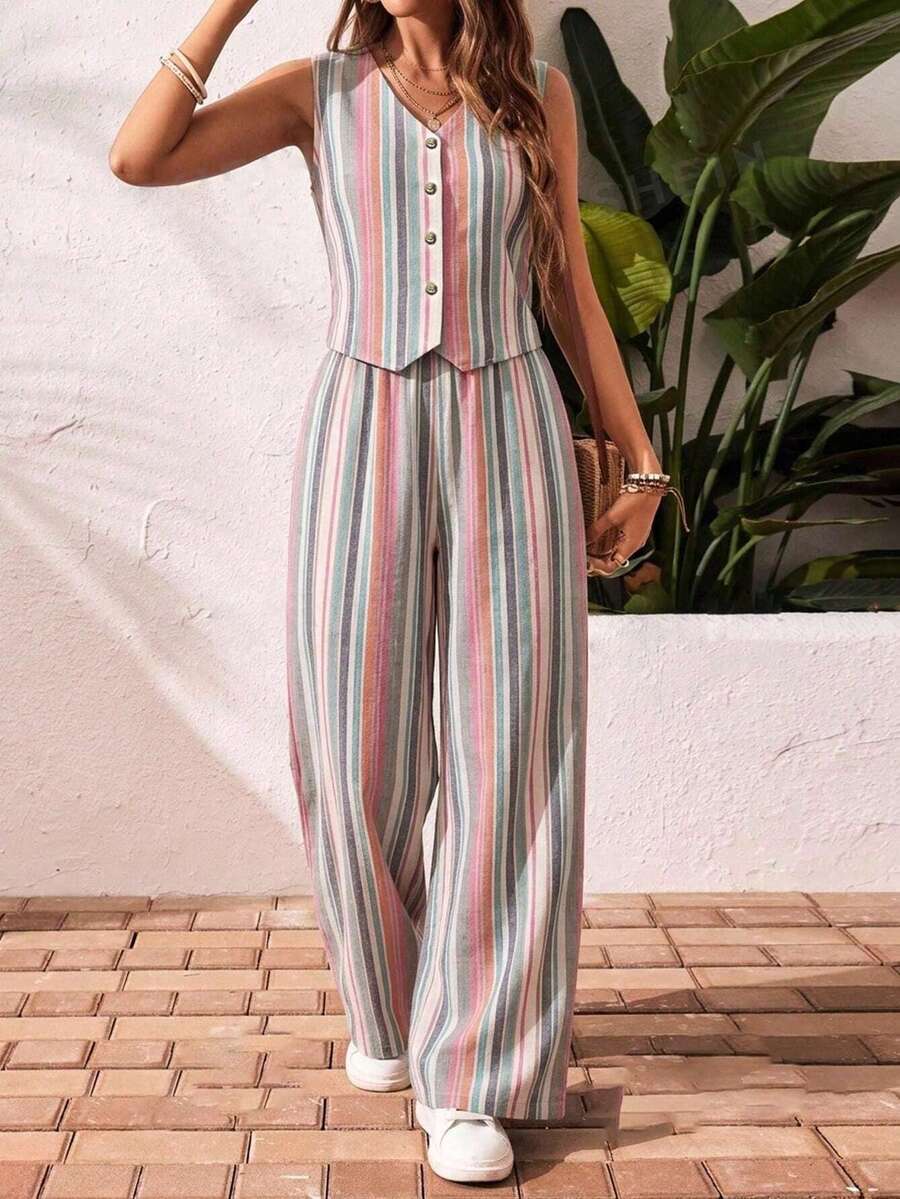 SHEIN Frenchy 女款休閒度假條紋褲 2 件套,條紋套裝,女士夏季穿著,2025 新款復古,女款休閒服飾,適合日常街頭穿著,夏季服飾,適合日常通勤、約會、聚會、秋冬/夏季、派對、婚禮、海灘、畢業典禮、時尚、優雅、休閒、外出、約會、預約、通勤、優雅、度假、休閒、Y2K、外出、畢業典禮等 - 彩色 - 查看 1