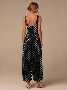 COSMINA Jumpsuit Tanpa Punggung Motif Polkadot untuk Wanita di Musim Panas - Hitam - View 5