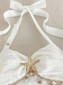 SHEIN Vestido de cuello halter con decoración de estrella de mar metálica para niña preadolescente - Beis - Ver 4
