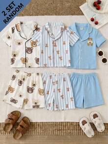 SHEIN 4pcs/Set Baby Boy Summer Cute Casual Cartoon Pattern Striped Bear Print Short Sleeve Knit Loungewear Set, Multi-Piece Loungewear - Multicolor - View 3