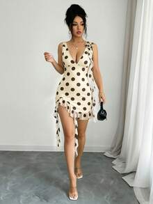 SHEIN Raffinéa Brown And White Polka Dot,Summer,Girly,Date Night 3D Floral Deep V-Neck Mesh Patchwork Stretchy Bodycon Ruched High Slit Ruffle Mini Dress,Y2K - Yellow - View 5