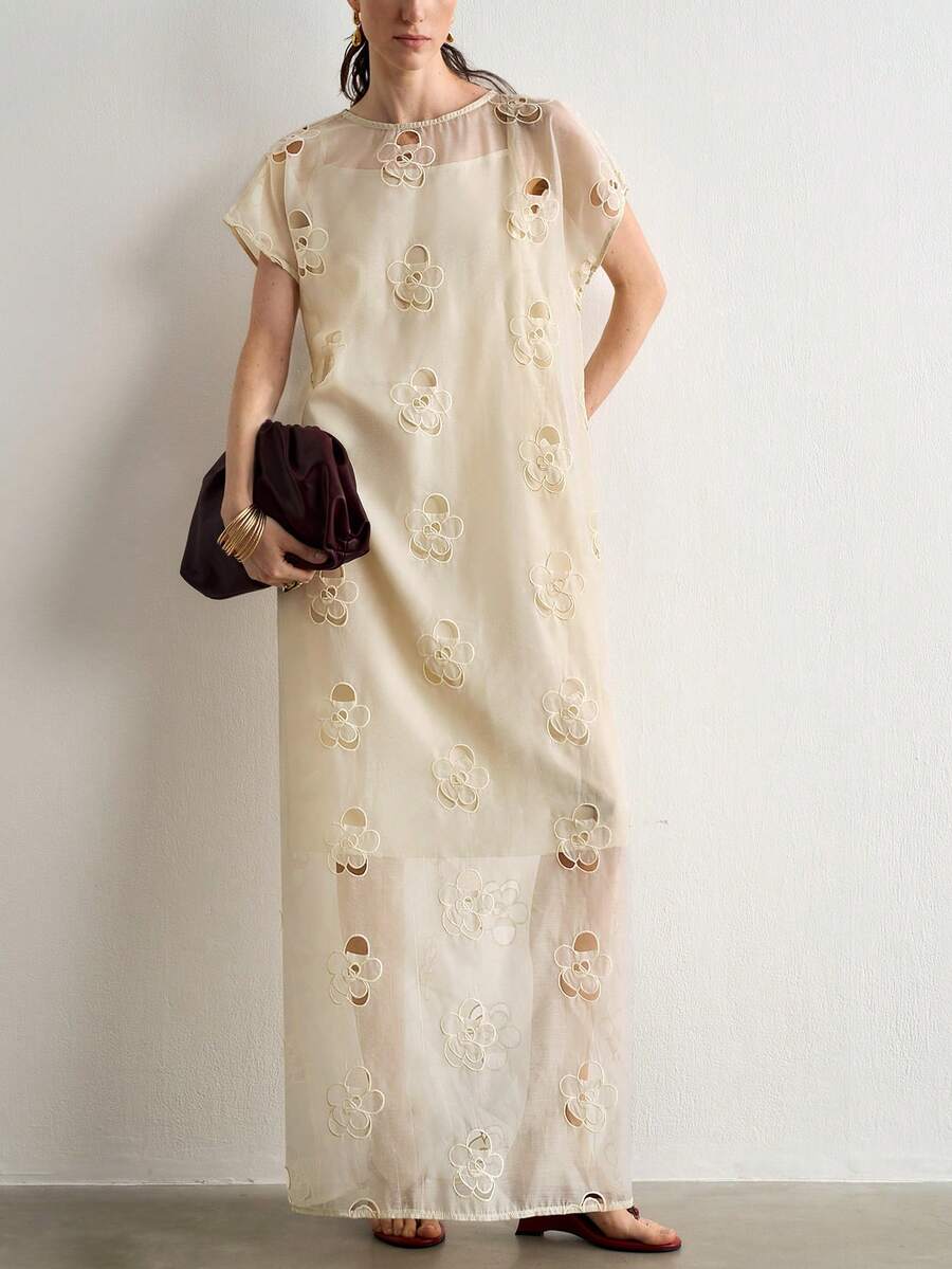 Aalyst 女款夏季優雅法式浪漫3D花卉刺繡透視洋裝套裝，圓領短袖直筒外層搭配細肩帶內搭，白色