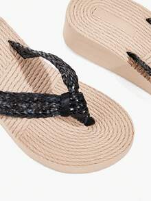 Grefit Damen Flip-Flops, strohgewebte Keilabsatz-Plateau-Pantoletten, Bohemian-Stil gewebte Lässig-Pantoletten, und bequeme Strand-Urlaubssandalen - Schwarz - Übersicht 9