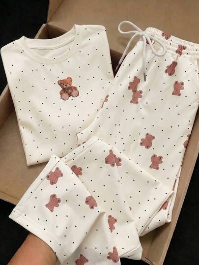 Comfortcana Women's Polka Dot Bear T-Shirt And Pants Casual 2 Pieces Set