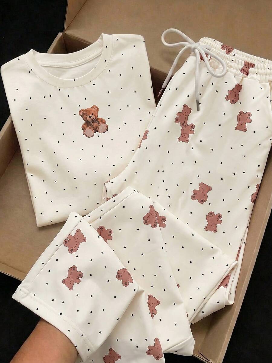 Comfortcana 女款波點熊圖案休閒兩件套，秋季冬季套裝，女款居家服可愛寵物圖案T恤與長褲套裝