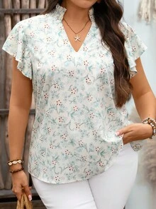 EMERY ROSE 大尺碼女款夏季休閒度假鄉村風花卉印花V領荷葉袖襯衫上衣，鄉村音樂會穿搭，女性音樂節穿搭 - 彩色 - 查看 1