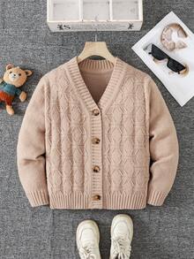 SHEIN 1pc Boys' Cardigan, Simple V-Neck Versatile Solid Color Vintage Cable Knit Texture, Vertical Button Front, Fashion Casual Sporty Style, School Khaki - Khaki - View 1