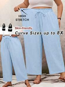 SHEIN CURVE+ 大尺碼休閒素色寬鬆長褲 夏季/鄉村/海邊度假穿搭/海邊穿搭/海邊服飾 - 淺藍色 - 查看 1