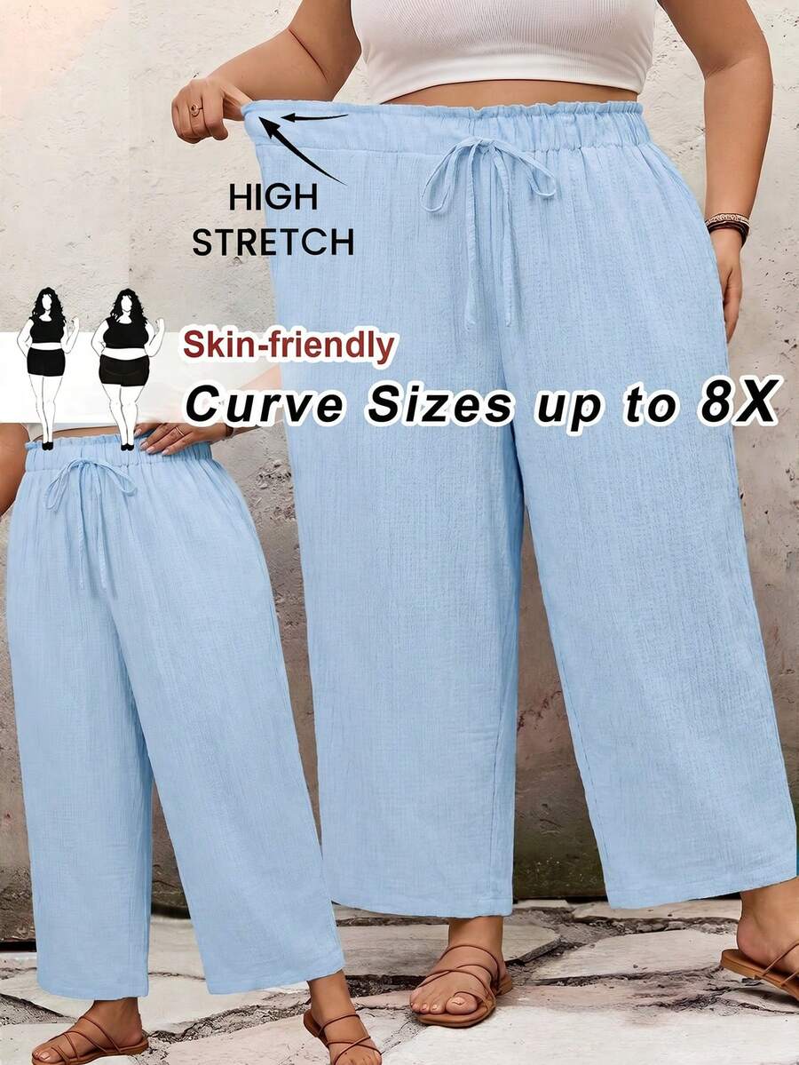 SHEIN CURVE+ 大尺碼休閒素色寬鬆長褲 夏季/鄉村/海邊度假穿搭/海邊穿搭/海邊服飾 - 淺藍色 - 查看 1