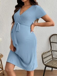 SHEIN 孕婦哺乳洋裝附腰帶 - 藍色 - 查看 7