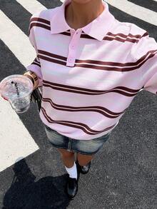 Muchica Women's Pink Striped Long-Sleeve Casual Sweater With Polo Collar , Autumn Winter - Pink - View 3