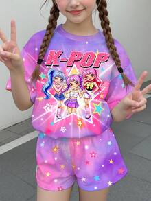 女童少女休閒極簡卡通女孩團體印花紮染短袖T恤與短褲2件套，適合夏季 - 彩色 - 查看 2