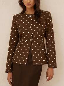 BELROSIE French Elegant Lady Commuter Versatile Polka Dot Exquisite Rhinestone Button Cinched Cinched Waist Long Sleeve Fitted Women's Blazer - Coffee Brown - View 4