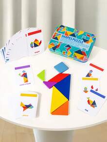 MINKOJA Portable Iron Box Wooden Tangram Puzzle, 59 Double-Sided Cards 118 Patterns, Montessori Educational Toy For Kids 3+, Travel Brain Game Develops Spatial Thinking & Hands-On Ability, Perfect Gift For Boys Girls - Multicolor - View 3