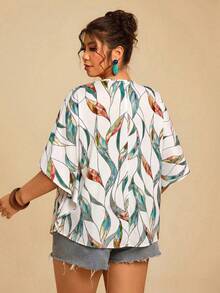 SHEIN VCAY Plus Size Boho V-Neck Tropical Floral Print Ruffled Sleeve Loose Blouse For Holiday, For Summer, Mother Day, Vacation Woman, Rave, Western Wear Summer Boho Top - Multicolor - View 2