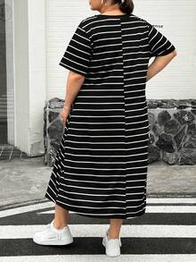 SHEIN CURVE+ 大码女装春夏时尚休闲宽松舒适基础款日常修身开衩黑色条纹短袖中长连衣裙，机场穿搭，复古富家风，教师装，女士教堂礼服，女士夏季穿搭，曲线连衣裙 - 黑與白 - 查看 2