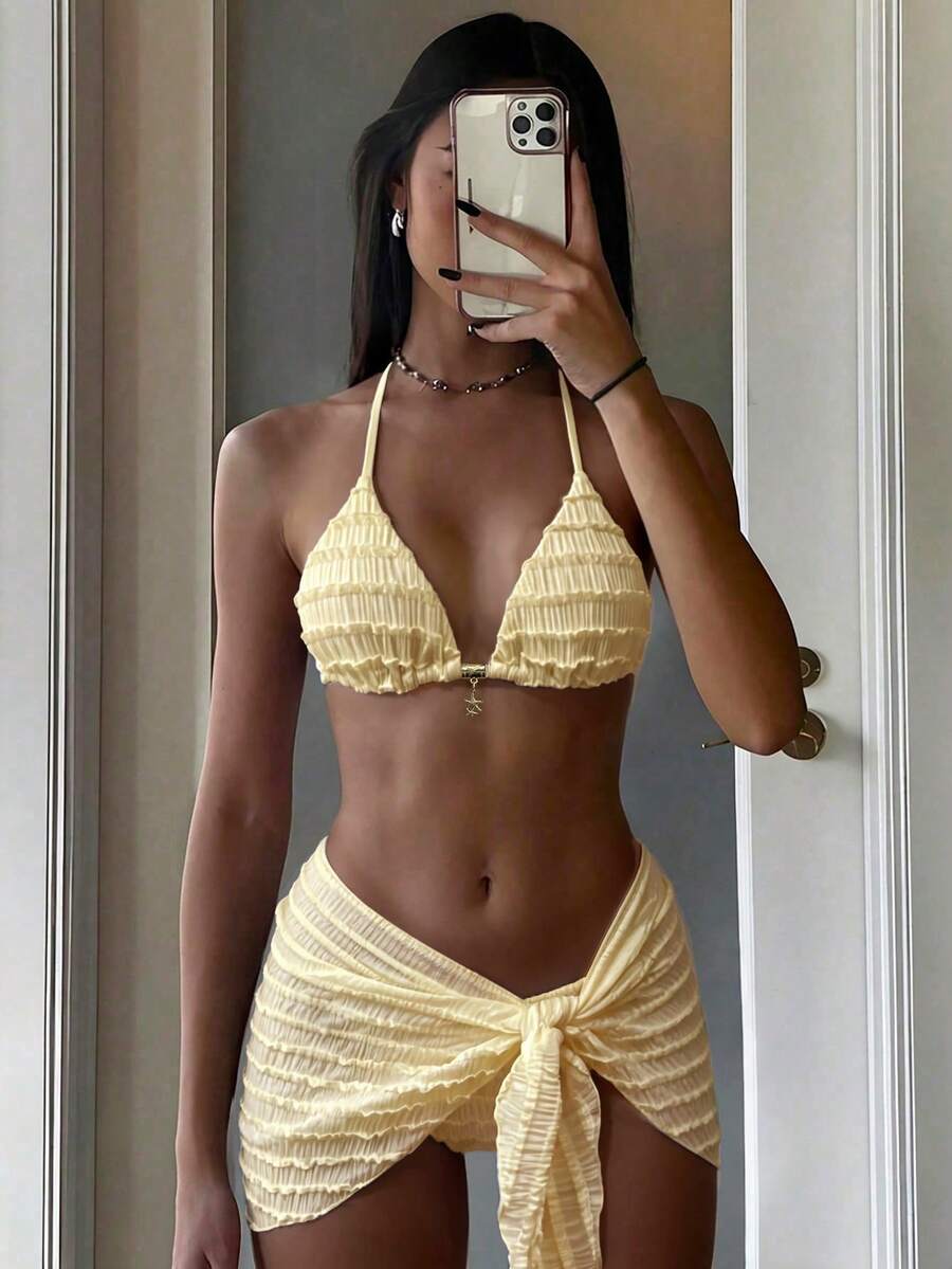 Costavie 女款春夏提花布料掛脖金屬裝飾裙 3件式比基尼套裝 - 黃色 - 查看 1