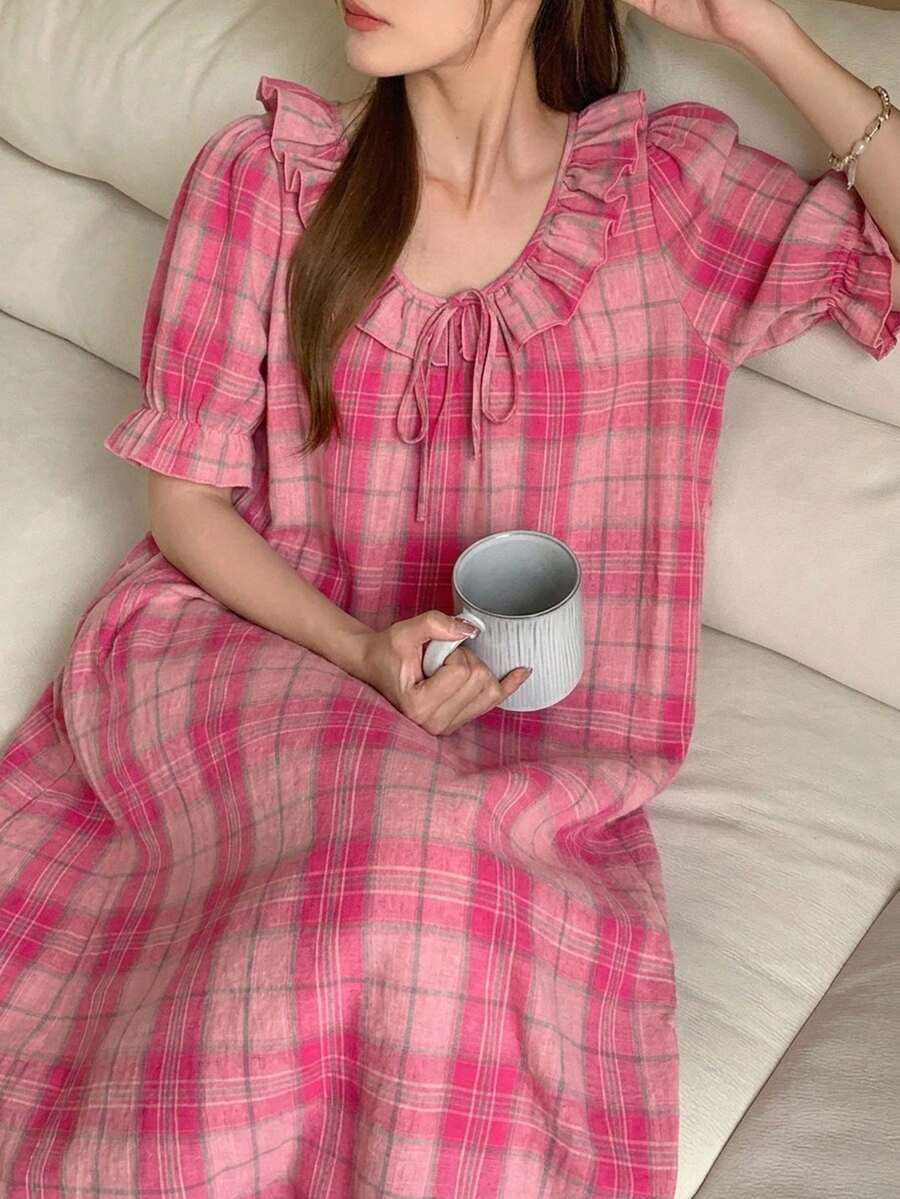 DAZY 格紋荷葉花瓣袖長洋裝女款夏季睡袍 - 粉色 - 查看 1