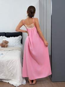 Napfluff Minimalist Textured Lace Trim Spaghetti Strap Long Nightgown For Women - Pink - View 2