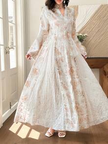 Al Najma 精緻刺繡印花寬鬆喇叭袖女款土耳其長版長衫與阿拉伯傳統長版長衫 - 彩色 - 查看 8